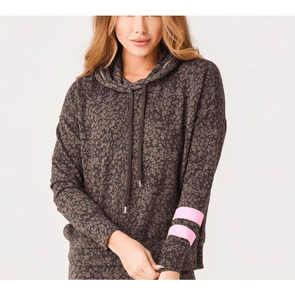 NEW! Sundry Teddy Striped Floral Hoodie Brown w/Pink Arm Stripes Size Medium (2)